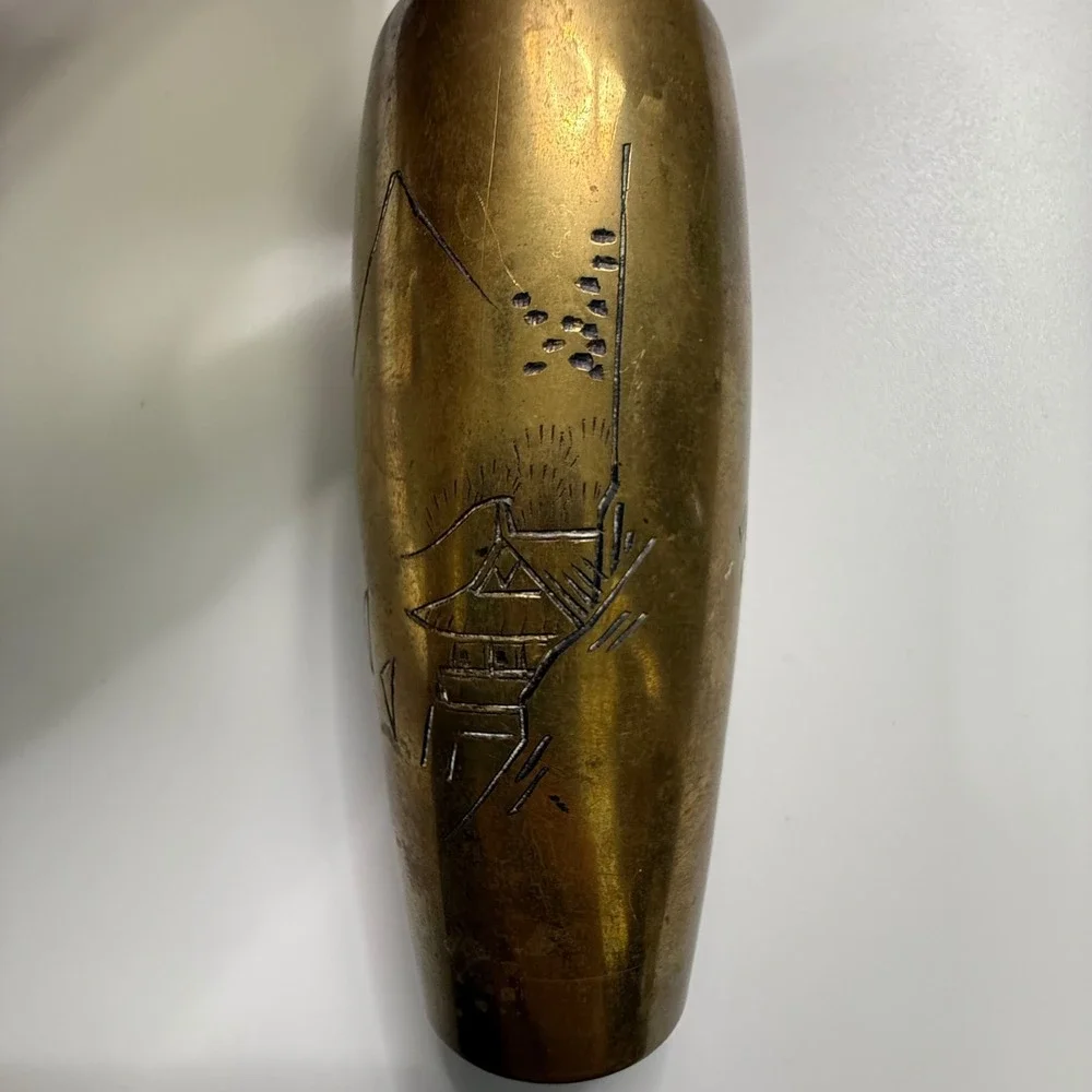 Vintage Brass Bud Vase Etched Pagoda Mount Fuji Asian‎ Home Decor
